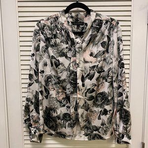 NWT Gray and White Floral Blouse with Tie
